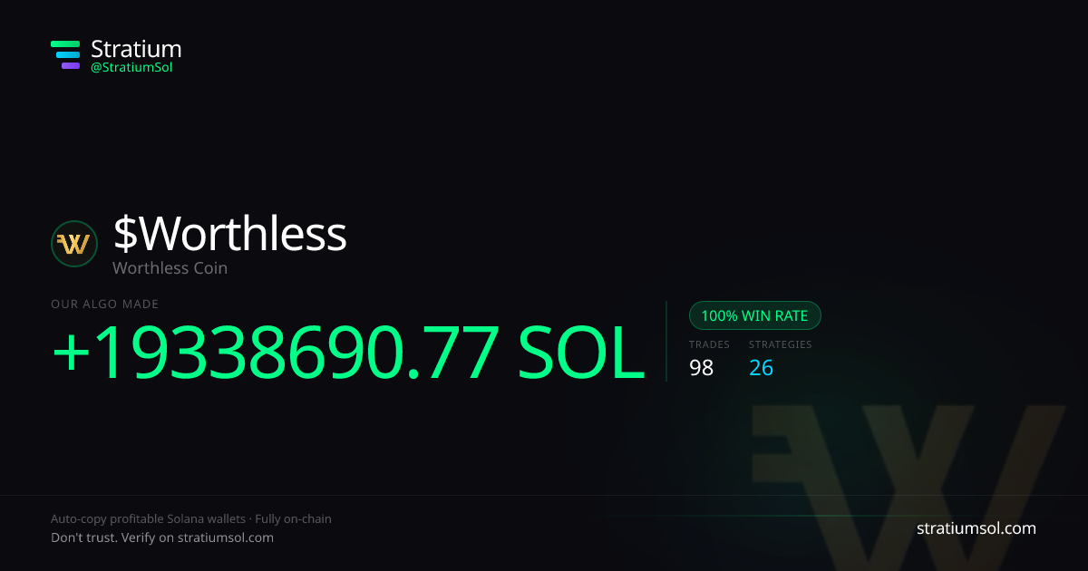 Worthless copy trading performance on Stratium — 98 trades, 100% win rate, +19338690.77 SOL PnL