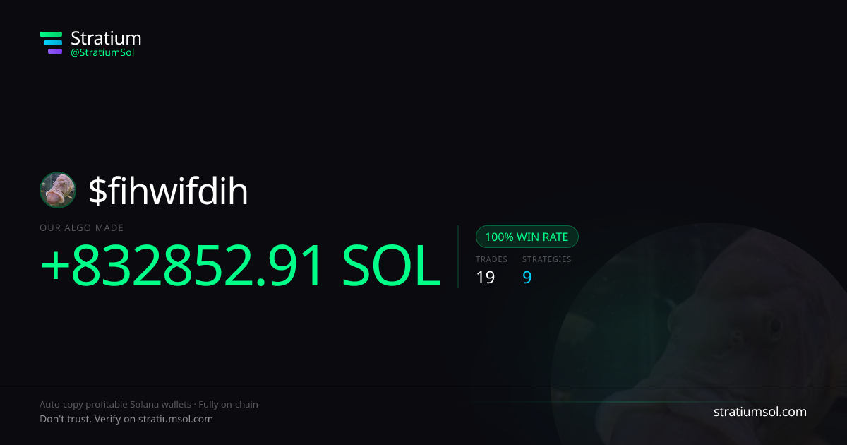 fihwifdih copy trading performance on Stratium — 19 trades, 100% win rate, +832852.91 SOL PnL