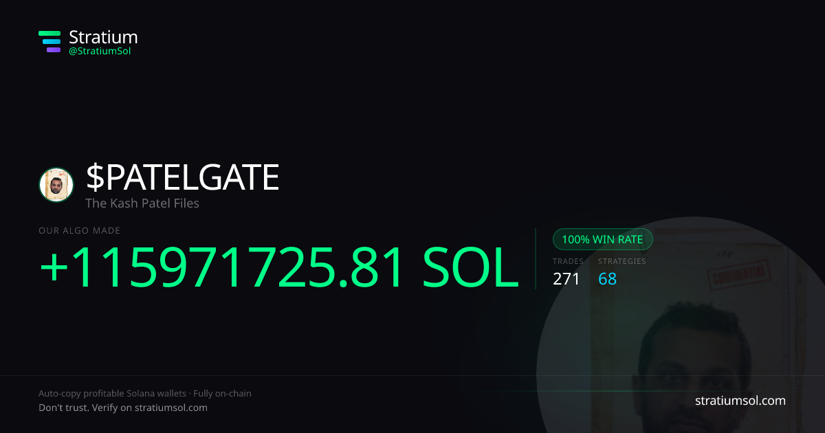 PATELGATE copy trading performance on Stratium — 271 trades, 100% win rate, +115971725.81 SOL PnL