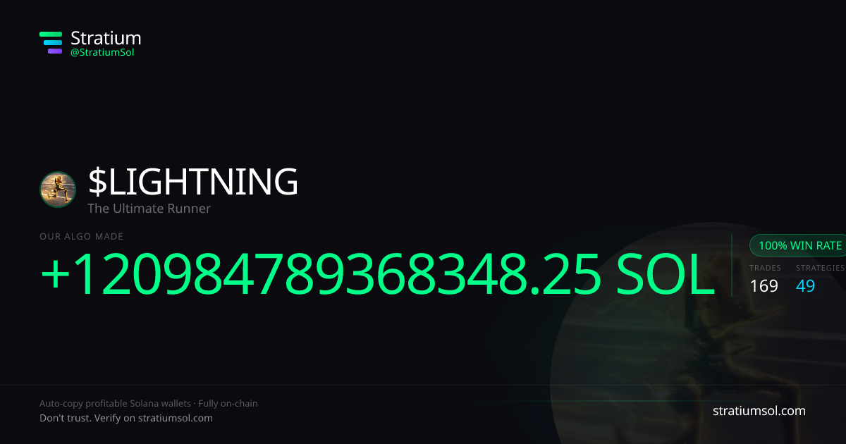 LIGHTNING copy trading performance on Stratium — 169 trades, 100% win rate, +120984789368348.25 SOL PnL