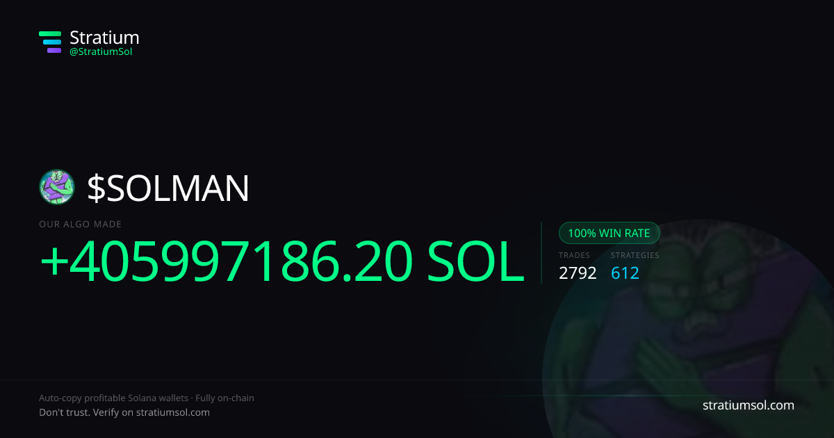 SOLMAN copy trading performance on Stratium — 2792 trades, 100% win rate, +405997186.20 SOL PnL