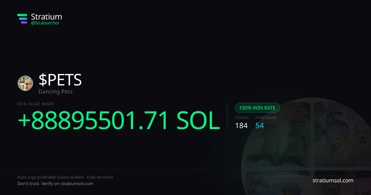 PETS copy trading performance on Stratium — 184 trades, 100% win rate, +88895501.71 SOL PnL