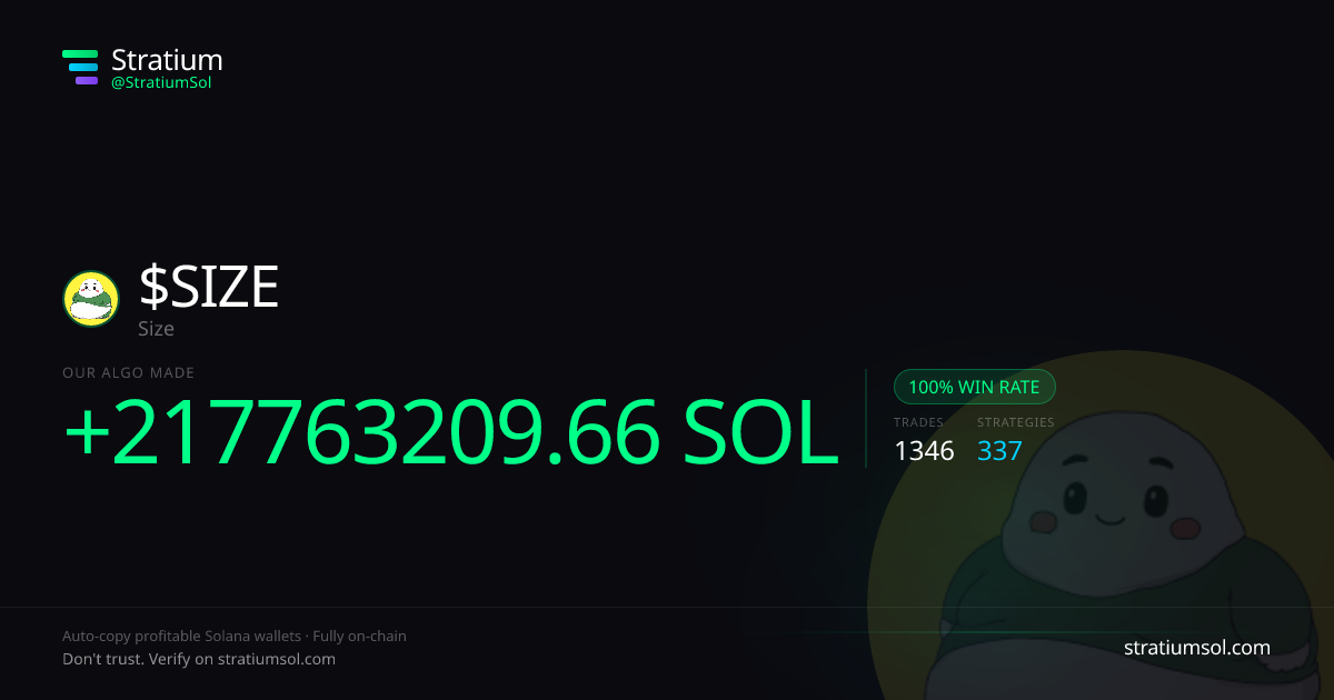 SIZE copy trading performance on Stratium — 1346 trades, 100% win rate, +217763209.66 SOL PnL