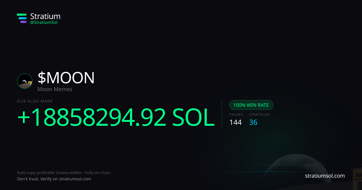 MOON copy trading performance on Stratium — 144 trades, 100% win rate, +18858294.92 SOL PnL