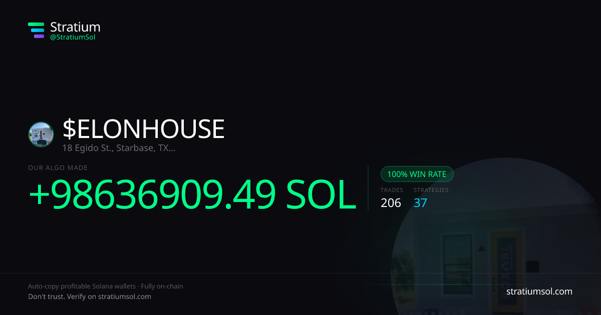 ELONHOUSE copy trading performance on Stratium — 206 trades, 100% win rate, +98636909.49 SOL PnL