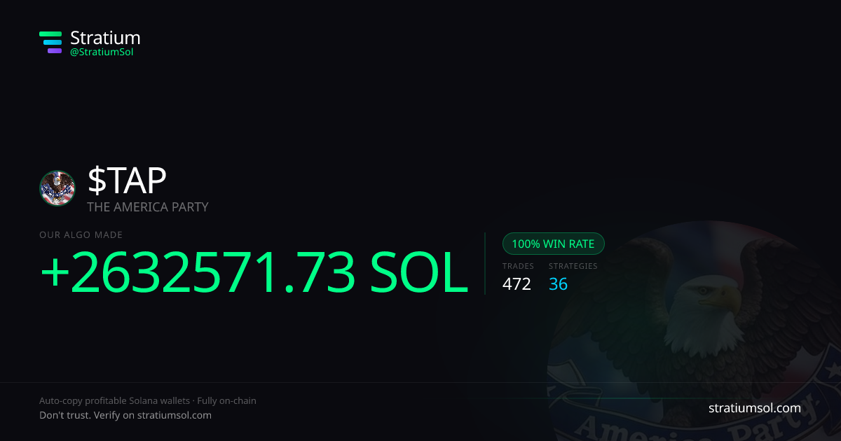 TAP copy trading performance on Stratium — 472 trades, 100% win rate, +2632571.73 SOL PnL