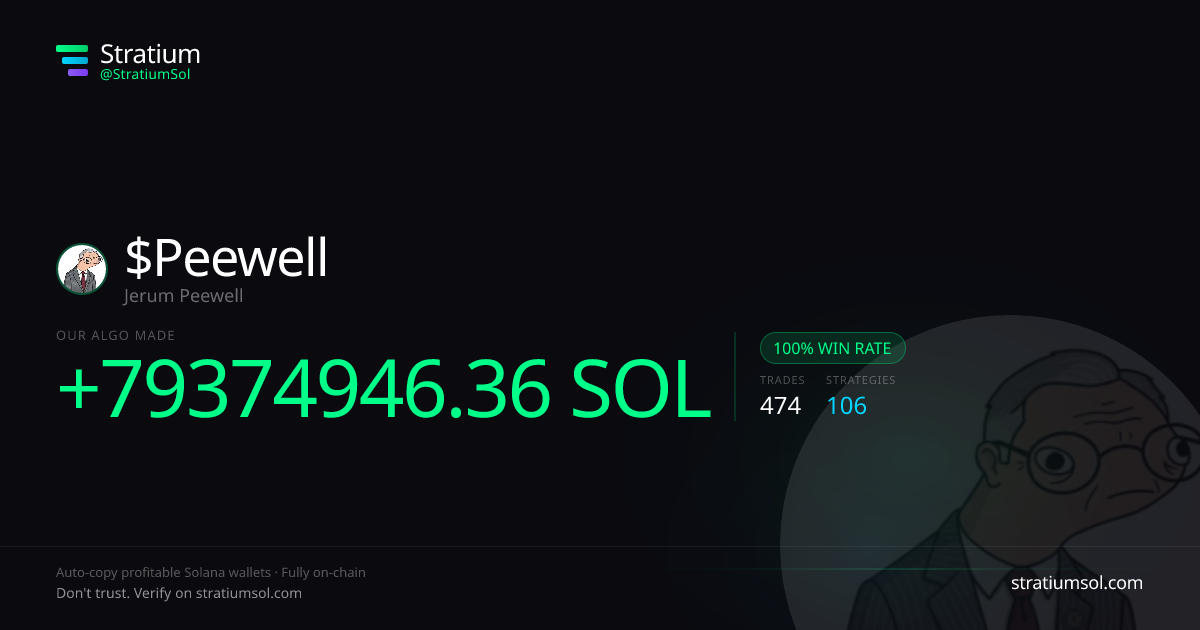 Peewell copy trading performance on Stratium — 474 trades, 100% win rate, +79374946.36 SOL PnL