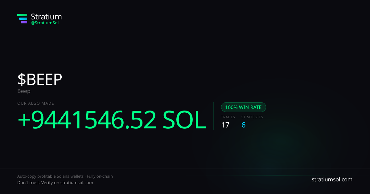 BEEP copy trading performance on Stratium — 17 trades, 100% win rate, +9441546.52 SOL PnL