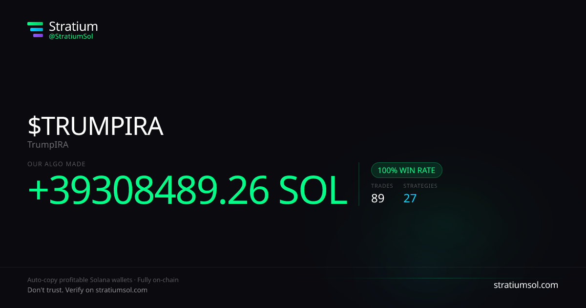 TRUMPIRA copy trading performance on Stratium — 89 trades, 100% win rate, +39308489.26 SOL PnL