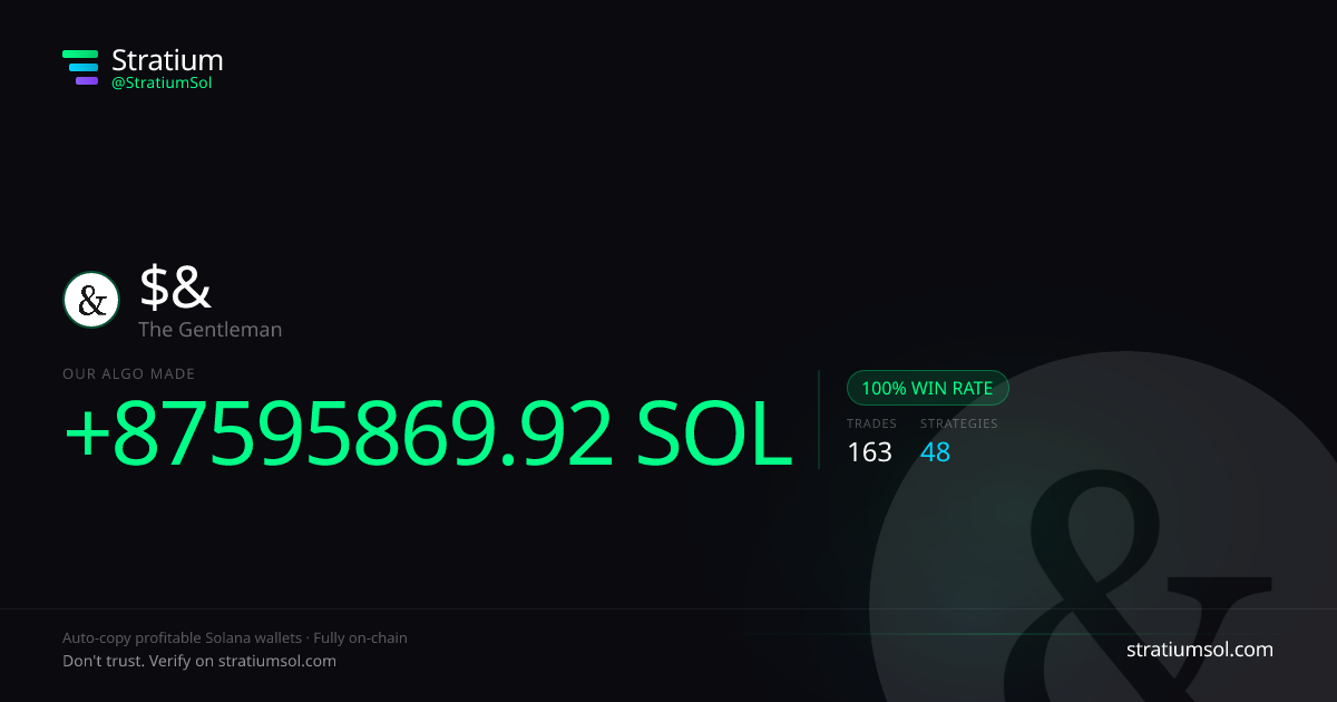 & copy trading performance on Stratium — 163 trades, 100% win rate, +87595869.92 SOL PnL