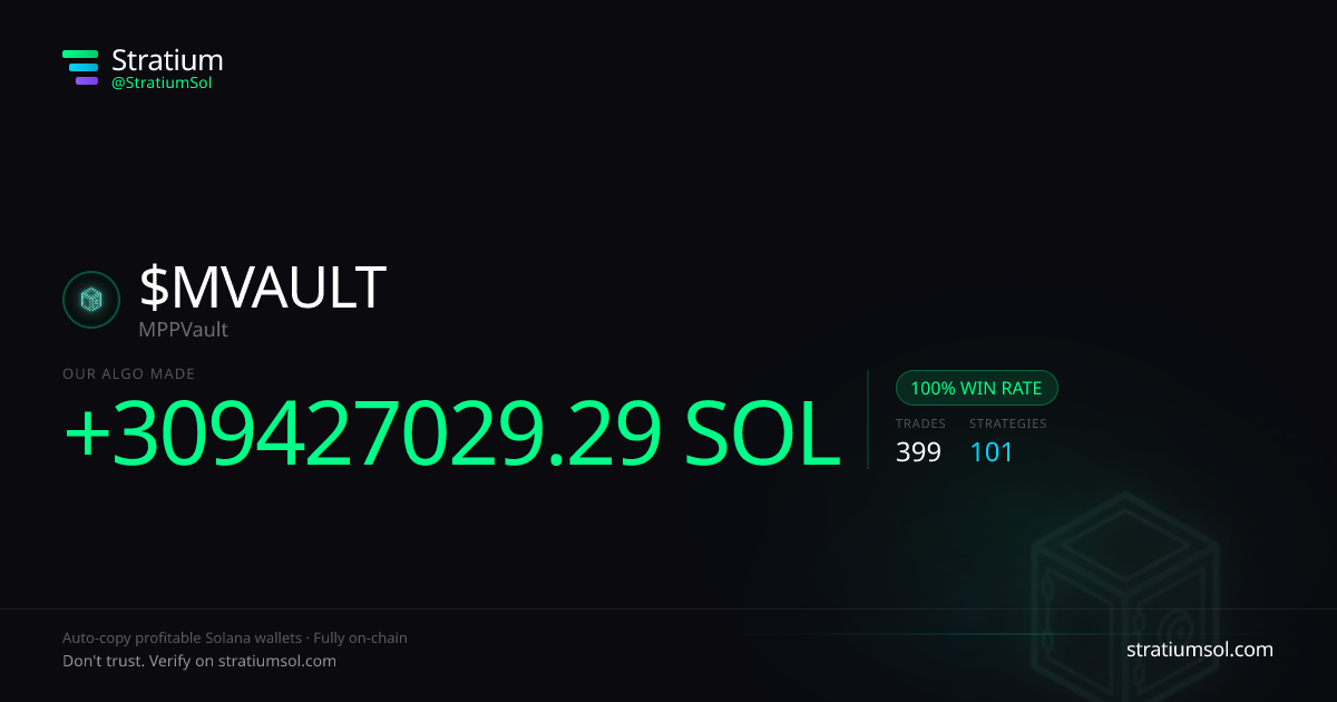 MVAULT copy trading performance on Stratium — 399 trades, 100% win rate, +309427029.29 SOL PnL