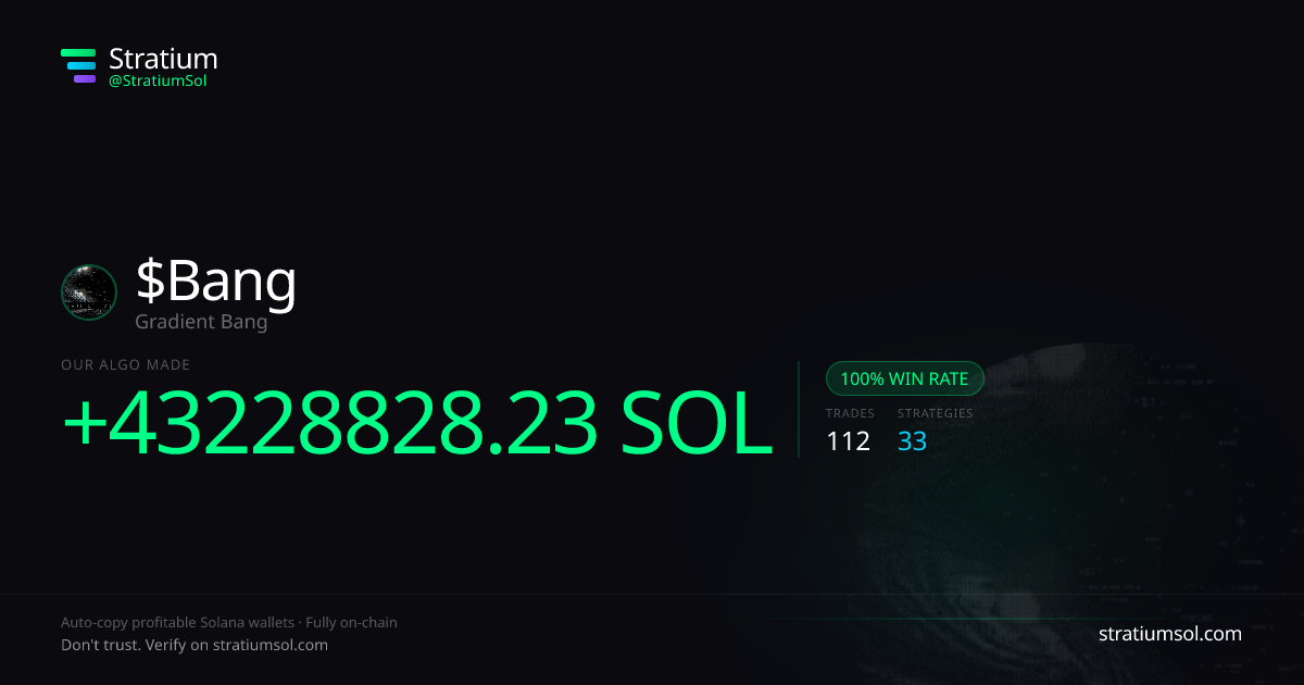 Bang copy trading performance on Stratium — 112 trades, 100% win rate, +43228828.23 SOL PnL