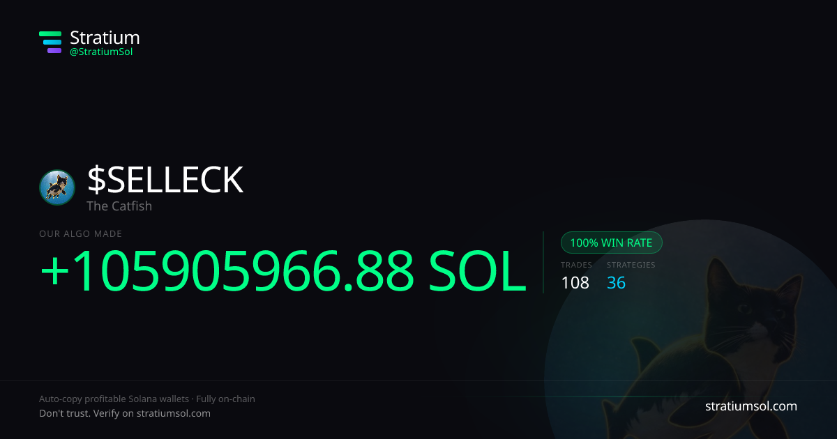 SELLECK copy trading performance on Stratium — 108 trades, 100% win rate, +105905966.88 SOL PnL