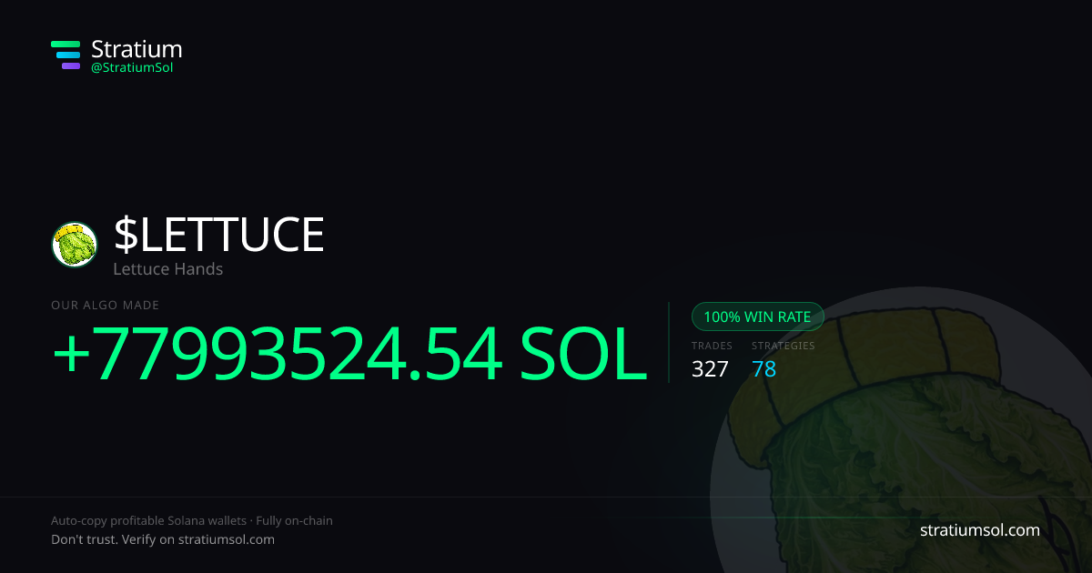 LETTUCE copy trading performance on Stratium — 327 trades, 100% win rate, +77993524.54 SOL PnL