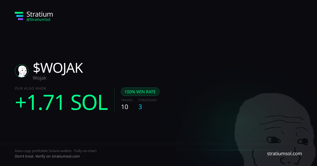 WOJAK copy trading performance on Stratium — 10 trades, 100% win rate, +1.71 SOL PnL