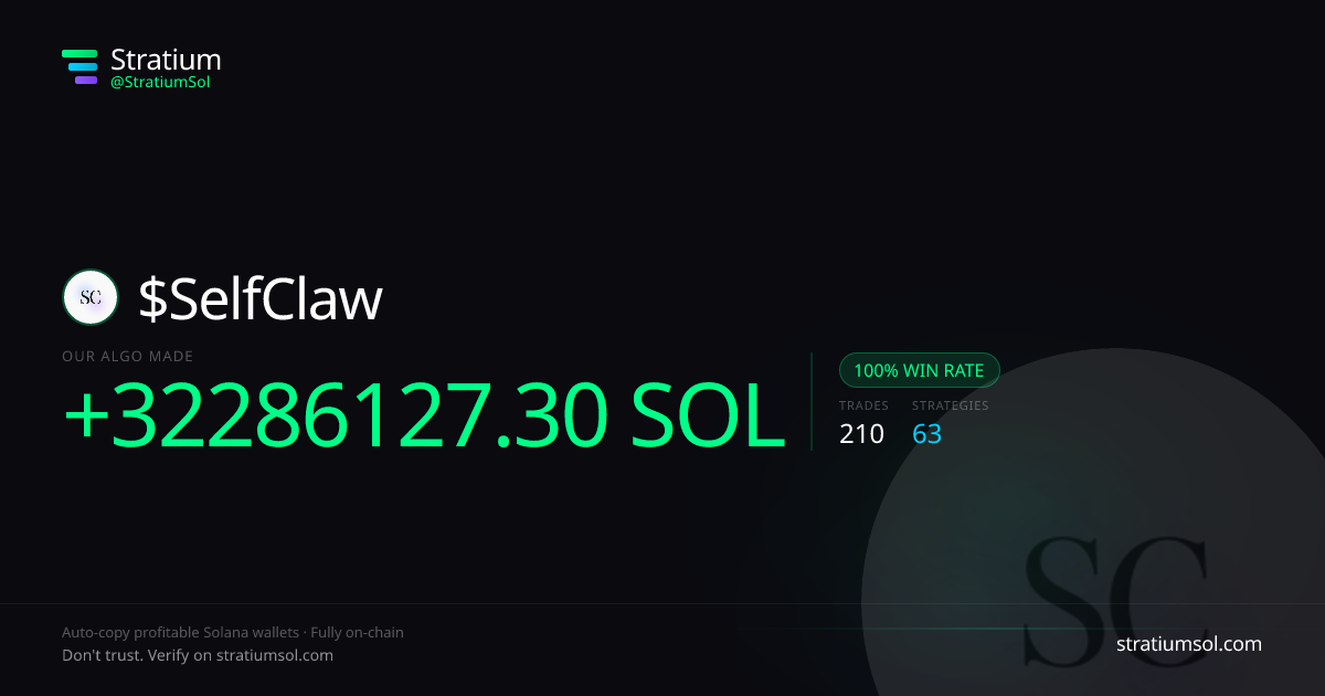 SelfClaw copy trading performance on Stratium — 210 trades, 100% win rate, +32286127.30 SOL PnL
