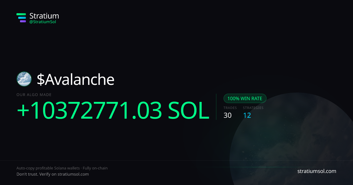 Avalanche copy trading performance on Stratium — 30 trades, 100% win rate, +10372771.03 SOL PnL