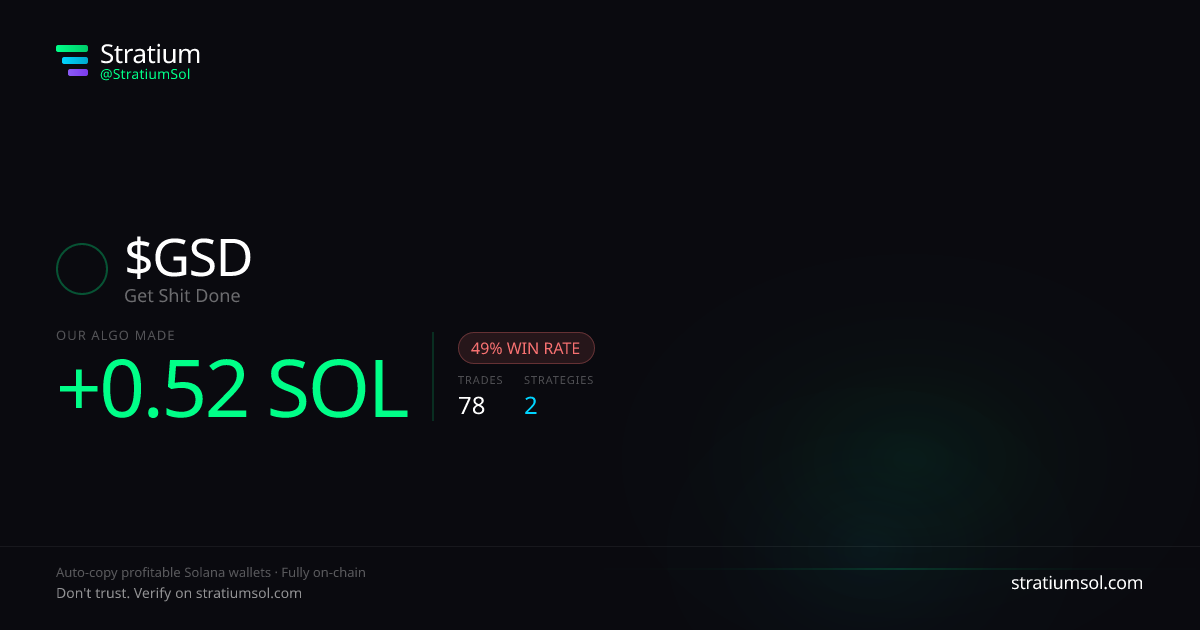 GSD copy trading performance on Stratium — 78 trades, 49% win rate, +0.52 SOL PnL