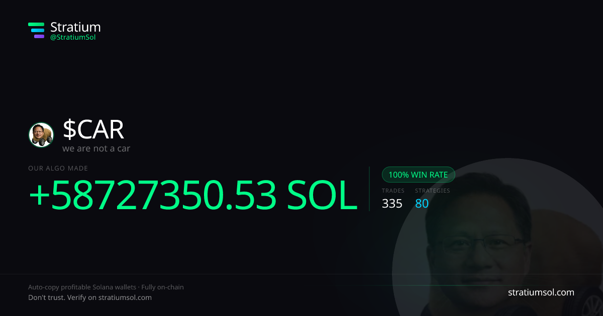 CAR copy trading performance on Stratium — 335 trades, 100% win rate, +58727350.53 SOL PnL