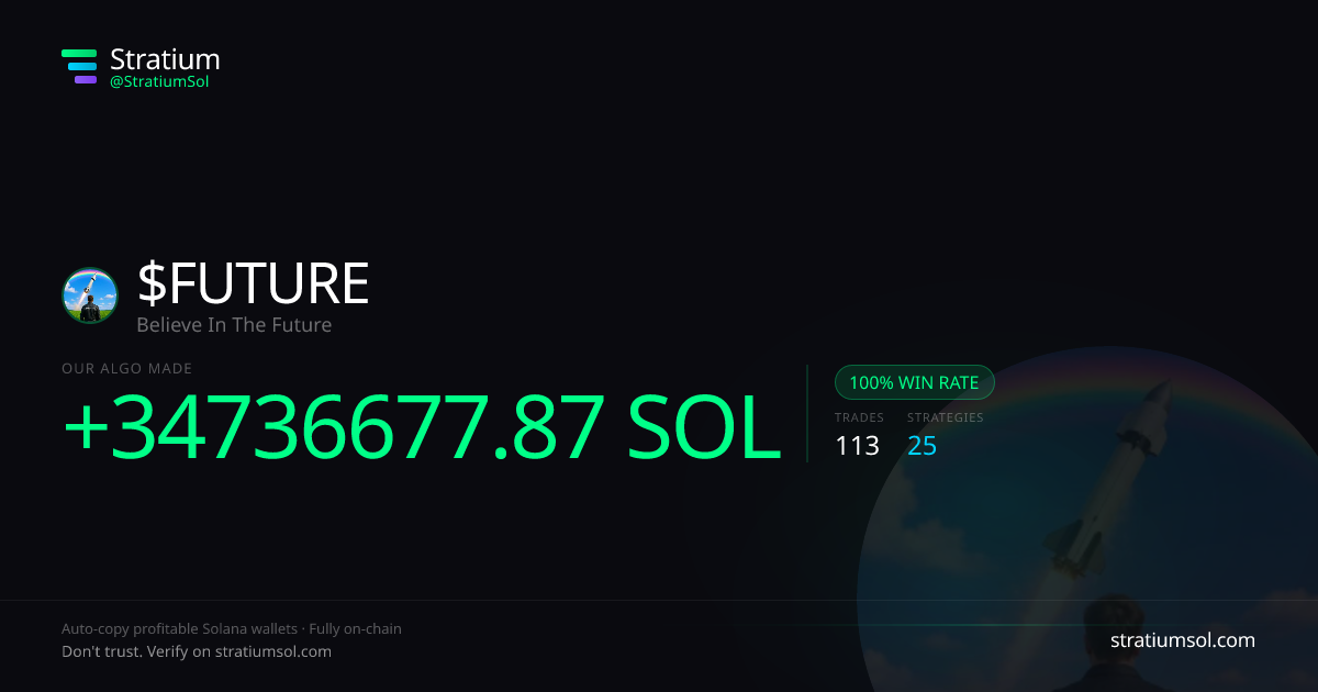 FUTURE copy trading performance on Stratium — 113 trades, 100% win rate, +34736677.87 SOL PnL