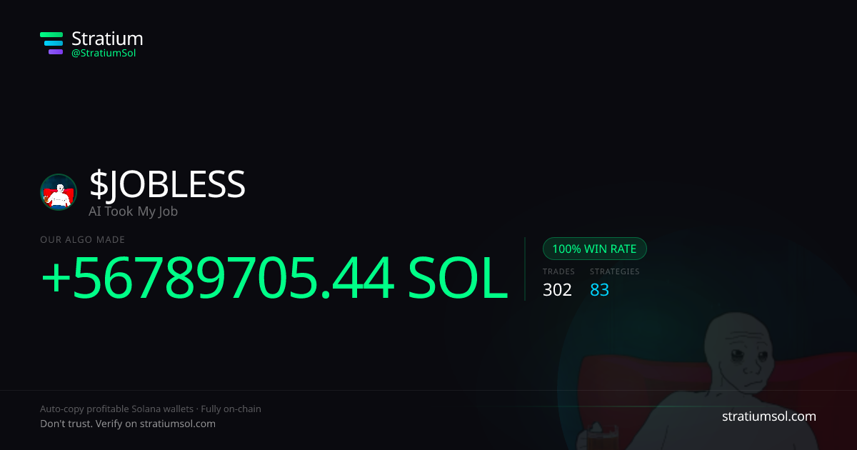 JOBLESS copy trading performance on Stratium — 302 trades, 100% win rate, +56789705.44 SOL PnL