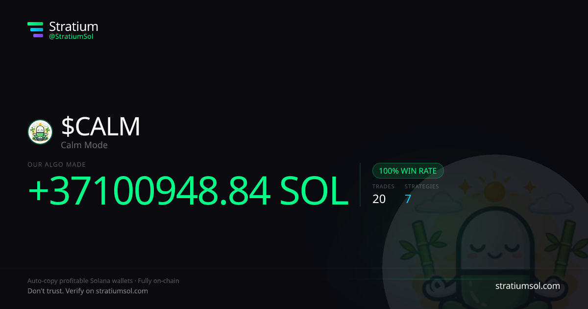 CALM copy trading performance on Stratium — 20 trades, 100% win rate, +37100948.84 SOL PnL