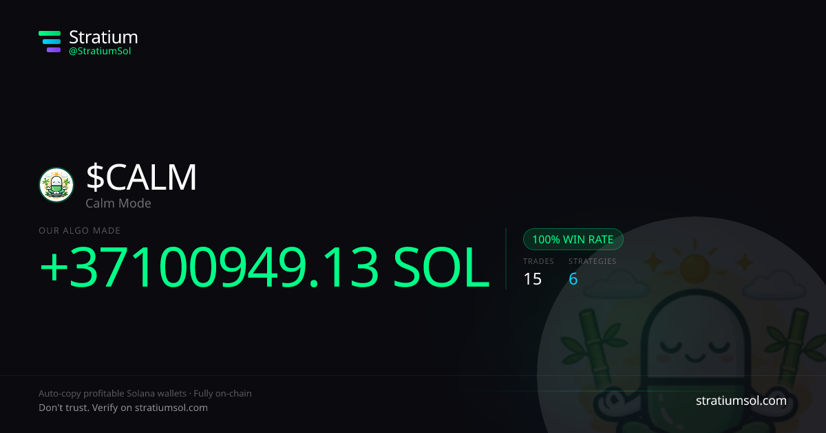 CALM copy trading performance on Stratium — 15 trades, 100% win rate, +37100949.13 SOL PnL