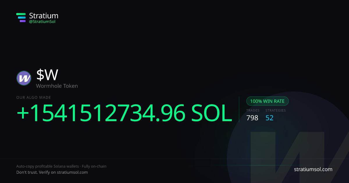W copy trading performance on Stratium — 798 trades, 100% win rate, +1541512734.96 SOL PnL