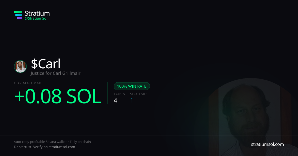 Carl copy trading performance on Stratium — 4 trades, 100% win rate, +0.08 SOL PnL