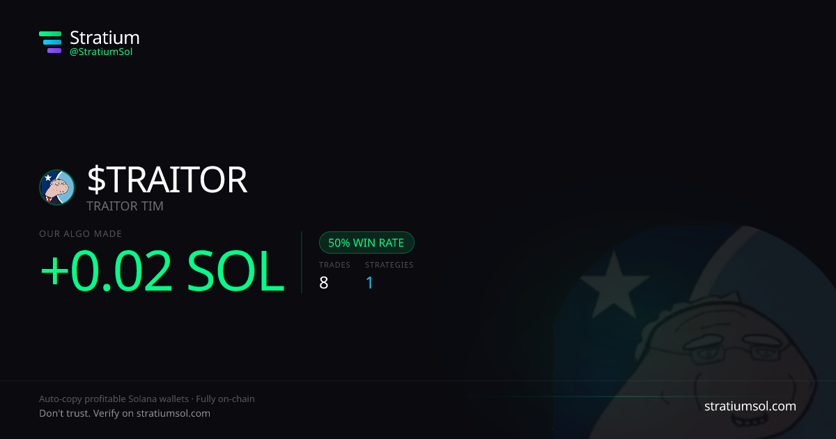 TRAITOR copy trading performance on Stratium — 8 trades, 50% win rate, +0.02 SOL PnL