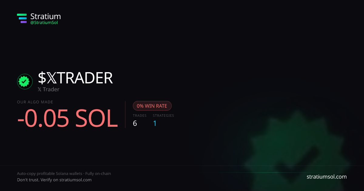 𝕏TRADER copy trading performance on Stratium — 6 trades, 0% win rate, -0.05 SOL PnL