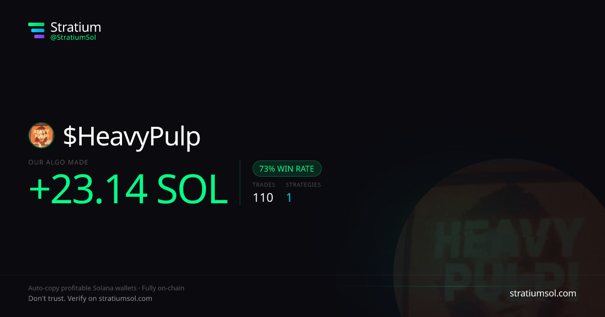 HeavyPulp copy trading performance on Stratium — 110 trades, 73% win rate, +23.14 SOL PnL