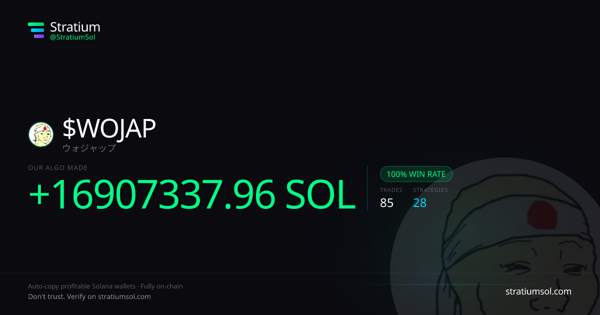 WOJAP copy trading performance on Stratium — 85 trades, 100% win rate, +16907337.96 SOL PnL