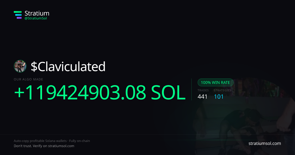 Claviculated copy trading performance on Stratium — 441 trades, 100% win rate, +119424903.08 SOL PnL