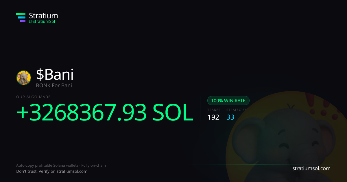 Bani copy trading performance on Stratium — 192 trades, 100% win rate, +3268367.93 SOL PnL