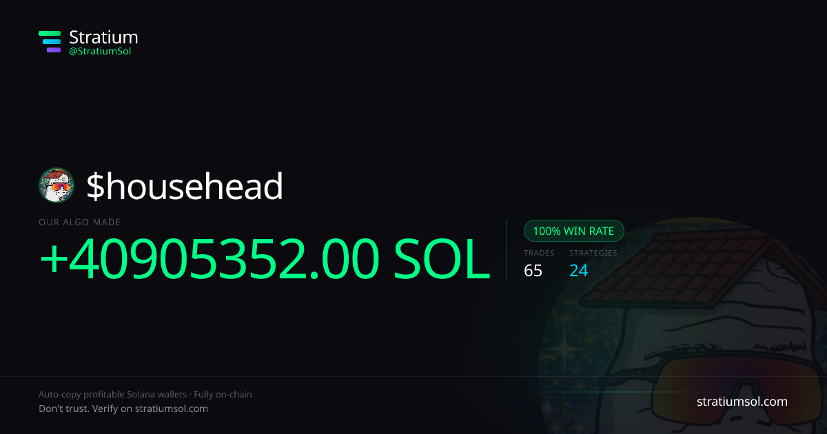 househead copy trading performance on Stratium — 65 trades, 100% win rate, +40905352.00 SOL PnL