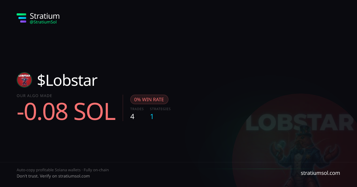 Lobstar copy trading performance on Stratium — 4 trades, 0% win rate, -0.08 SOL PnL