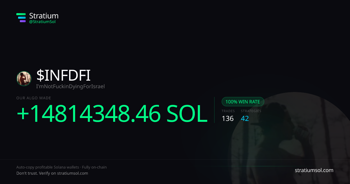 INFDFI copy trading performance on Stratium — 136 trades, 100% win rate, +14814348.46 SOL PnL