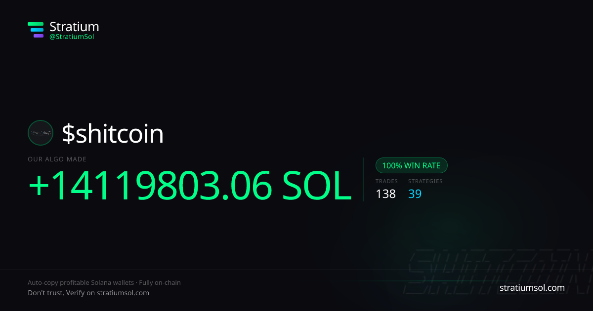 shitcoin copy trading performance on Stratium — 138 trades, 100% win rate, +14119803.06 SOL PnL