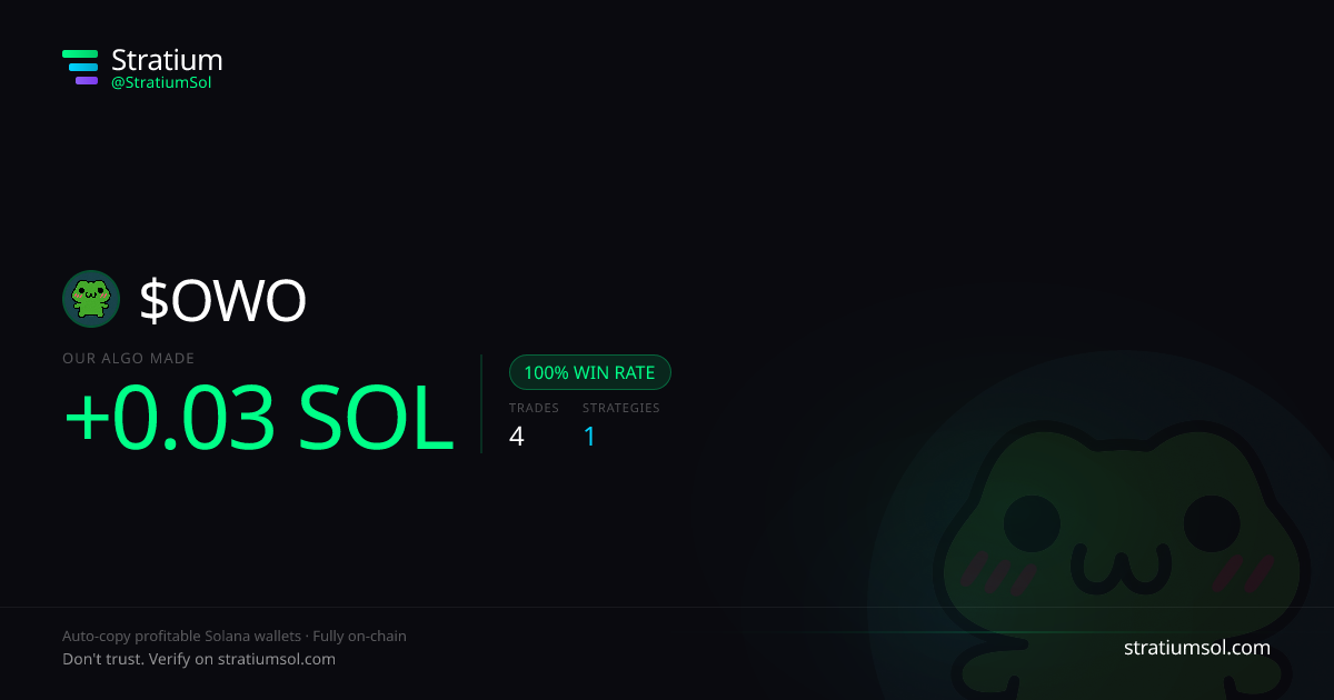 OWO copy trading performance on Stratium — 4 trades, 100% win rate, +0.03 SOL PnL