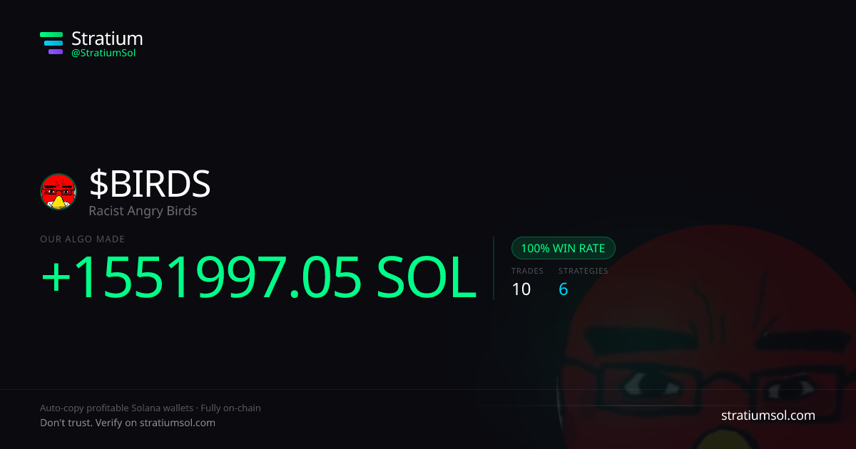 BIRDS copy trading performance on Stratium — 10 trades, 100% win rate, +1551997.05 SOL PnL