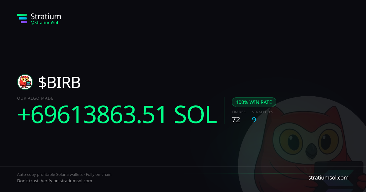 BIRB copy trading performance on Stratium — 72 trades, 100% win rate, +69613863.51 SOL PnL
