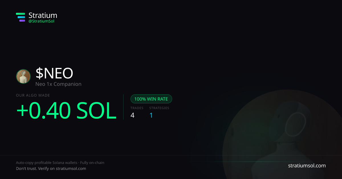 NEO copy trading performance on Stratium — 4 trades, 100% win rate, +0.40 SOL PnL