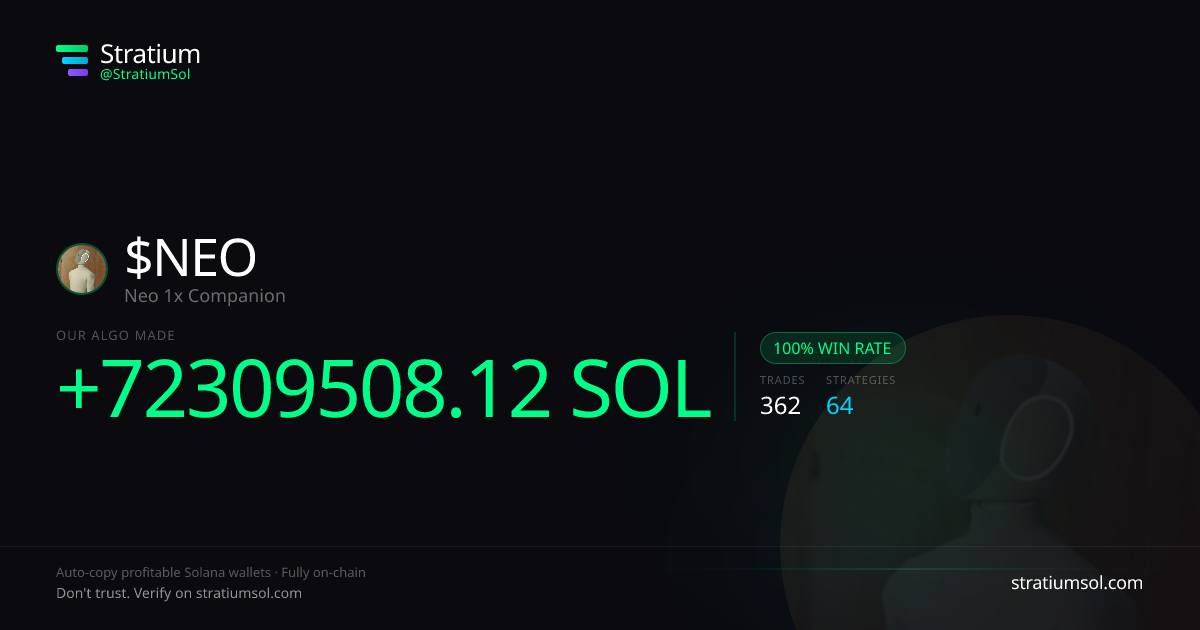 NEO copy trading performance on Stratium — 362 trades, 100% win rate, +72309508.12 SOL PnL