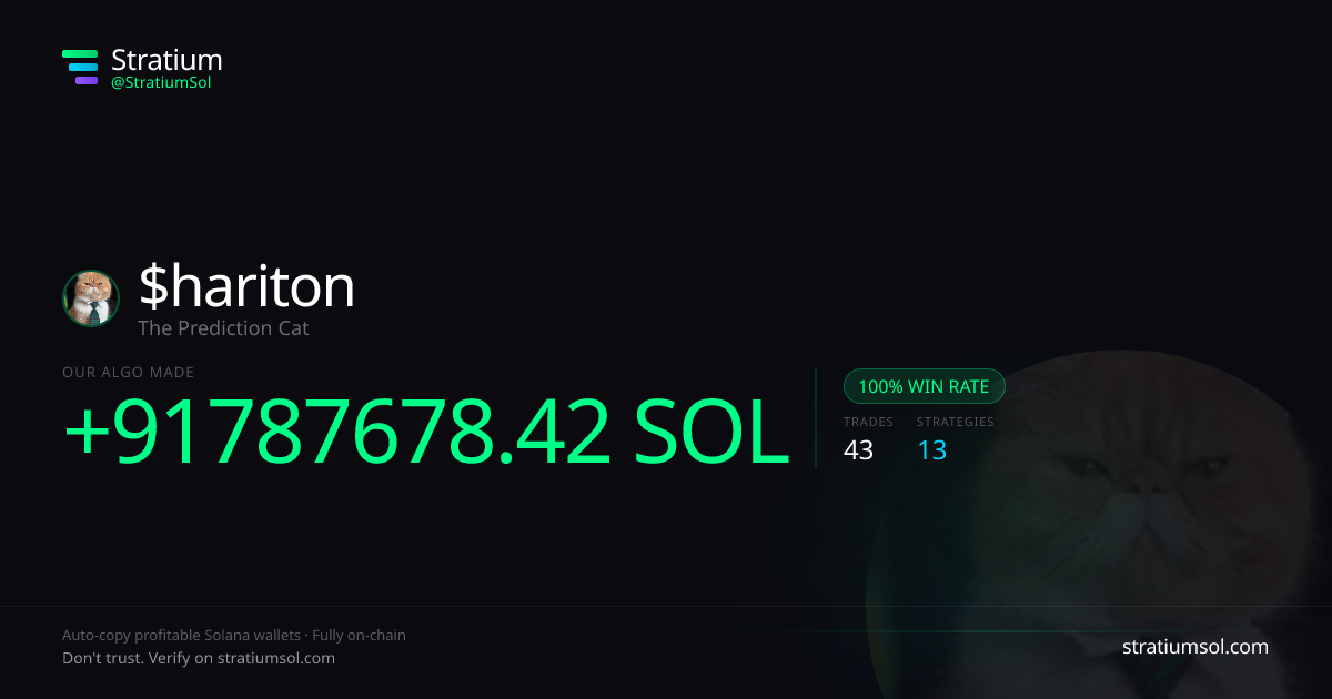 hariton copy trading performance on Stratium — 43 trades, 100% win rate, +91787678.42 SOL PnL