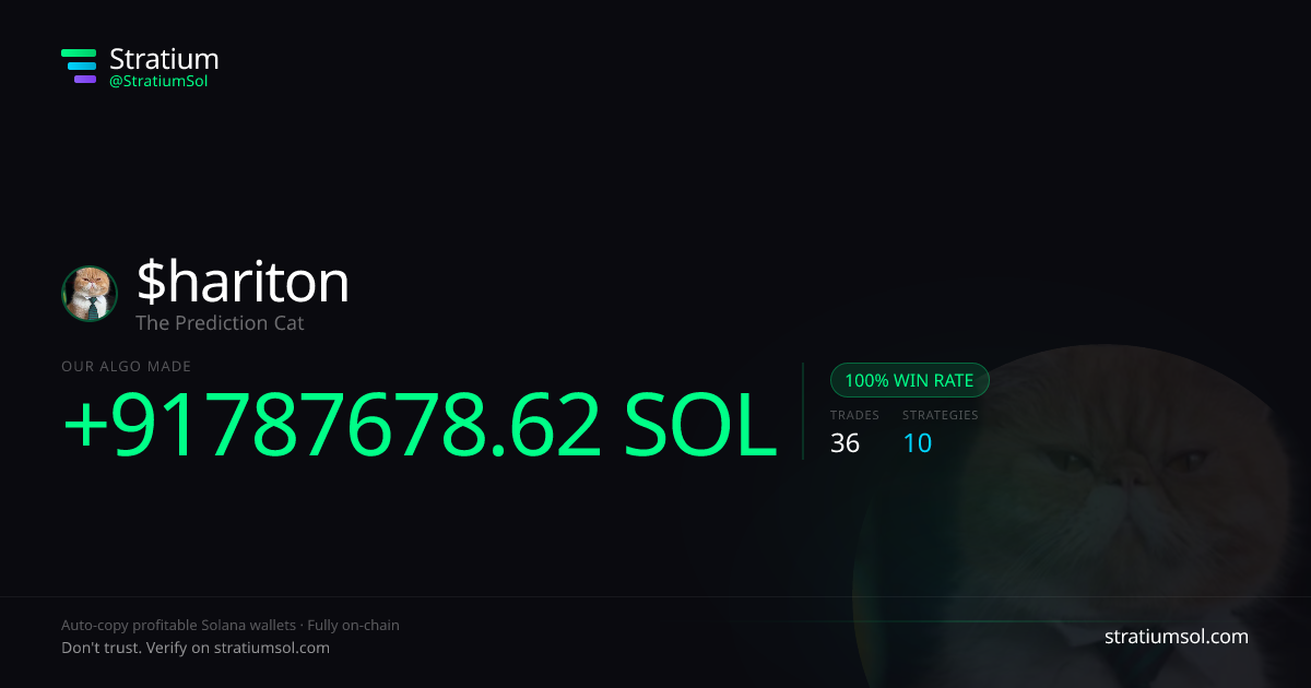 hariton copy trading performance on Stratium — 36 trades, 100% win rate, +91787678.62 SOL PnL
