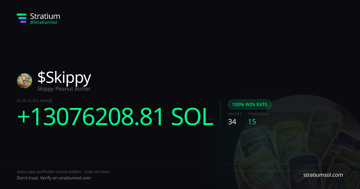 Skippy copy trading performance on Stratium — 34 trades, 100% win rate, +13076208.81 SOL PnL