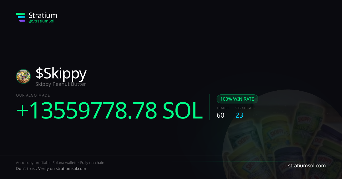 Skippy copy trading performance on Stratium — 60 trades, 100% win rate, +13559778.78 SOL PnL