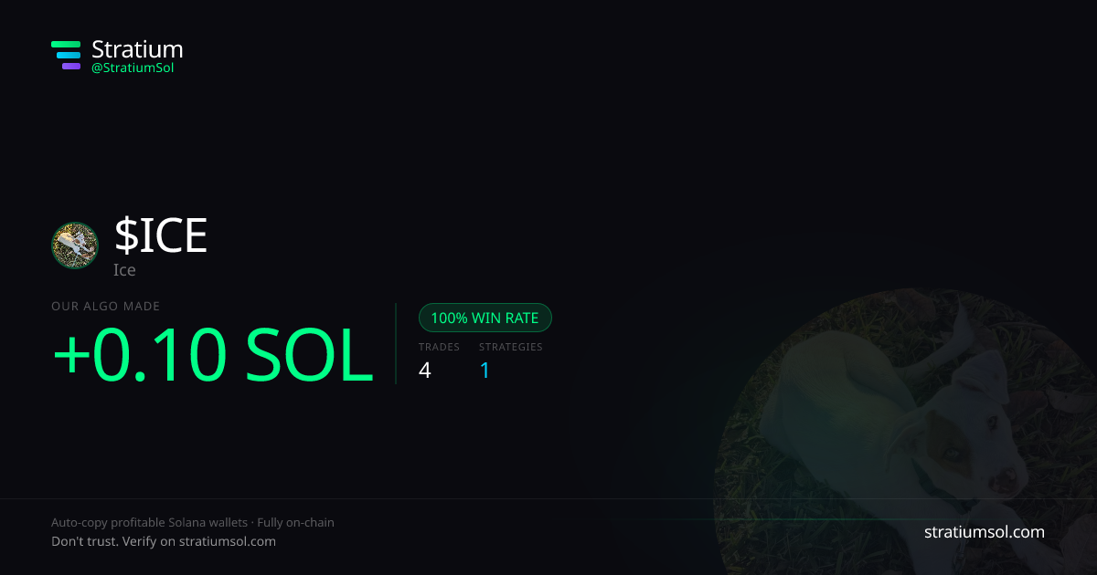 ICE copy trading performance on Stratium — 4 trades, 100% win rate, +0.10 SOL PnL