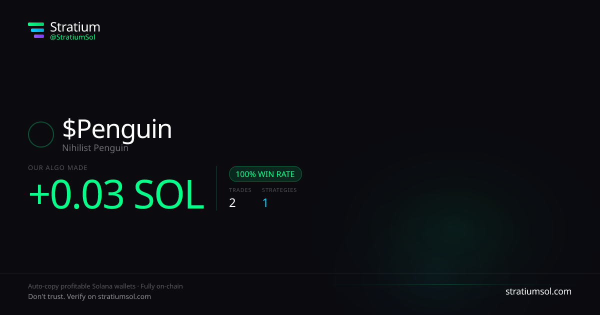 Penguin copy trading performance on Stratium — 2 trades, 100% win rate, +0.03 SOL PnL